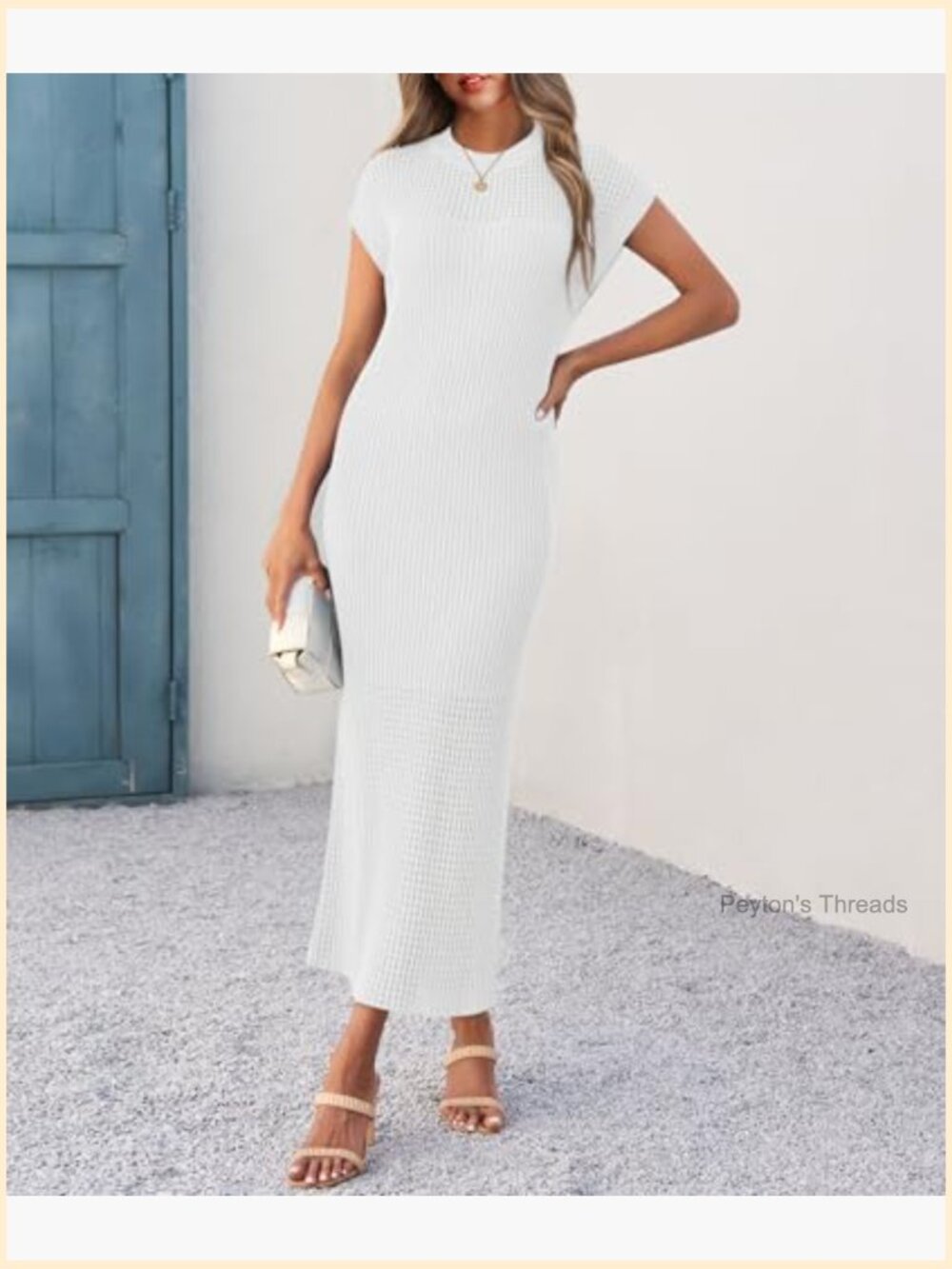 Ribbed Knit Maxi Dress Cap Sleeve Crewneck Casual Summer Beach Dress - Picture 4 of 7